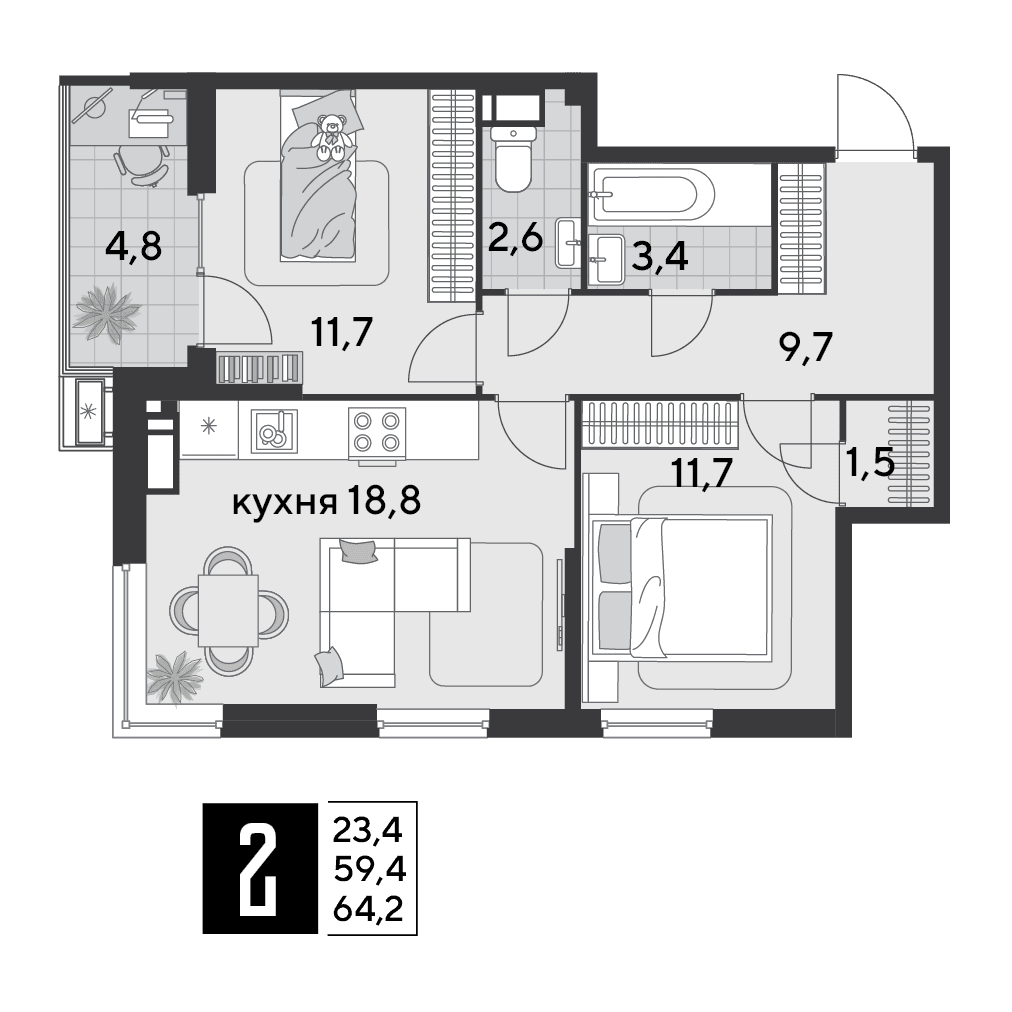 2-к, 64.2 м² · Парк Победы-2