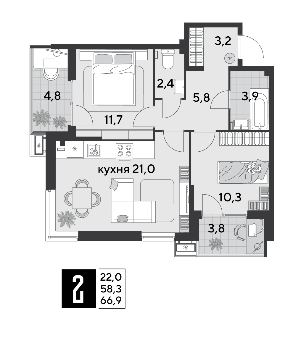 2-к, 66.9 м² · Парк Победы-2