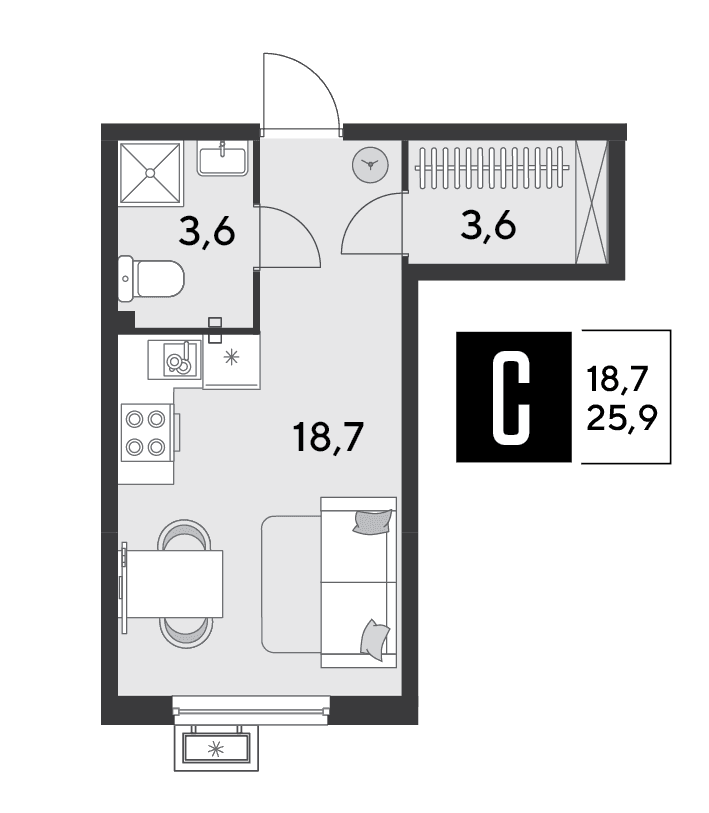 Студия, 25.9 м² · Парк Победы-2