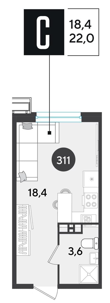 Студия, 22 м² · Парк Победы-2
