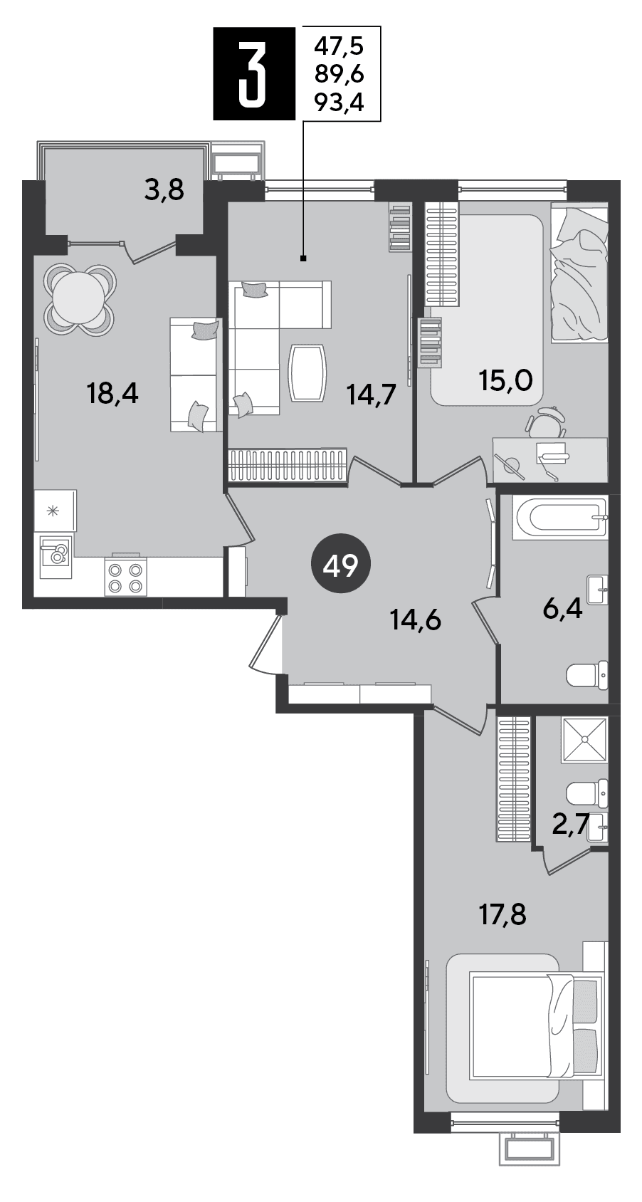 3-к, 93.4 м² · Парк Победы-2
