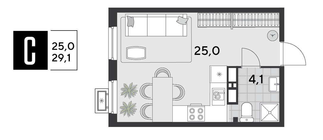 Студия, 29.1 м² · Парк Победы-2