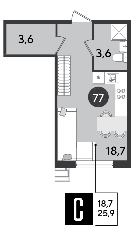 Студия, 25.9 м² · Парк Победы-2