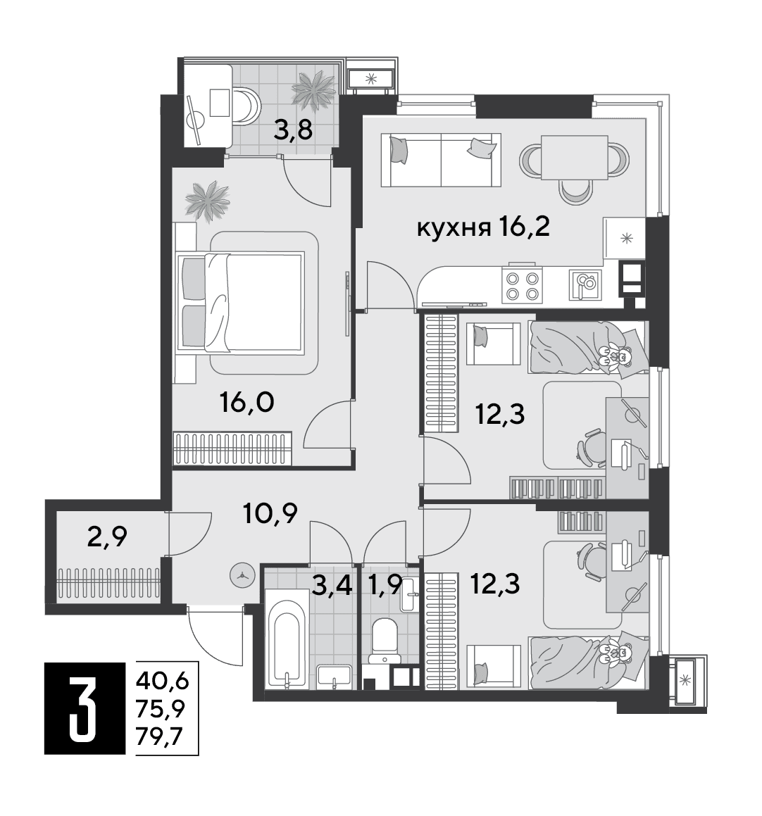 3-к, 79.7 м² · Парк Победы-2