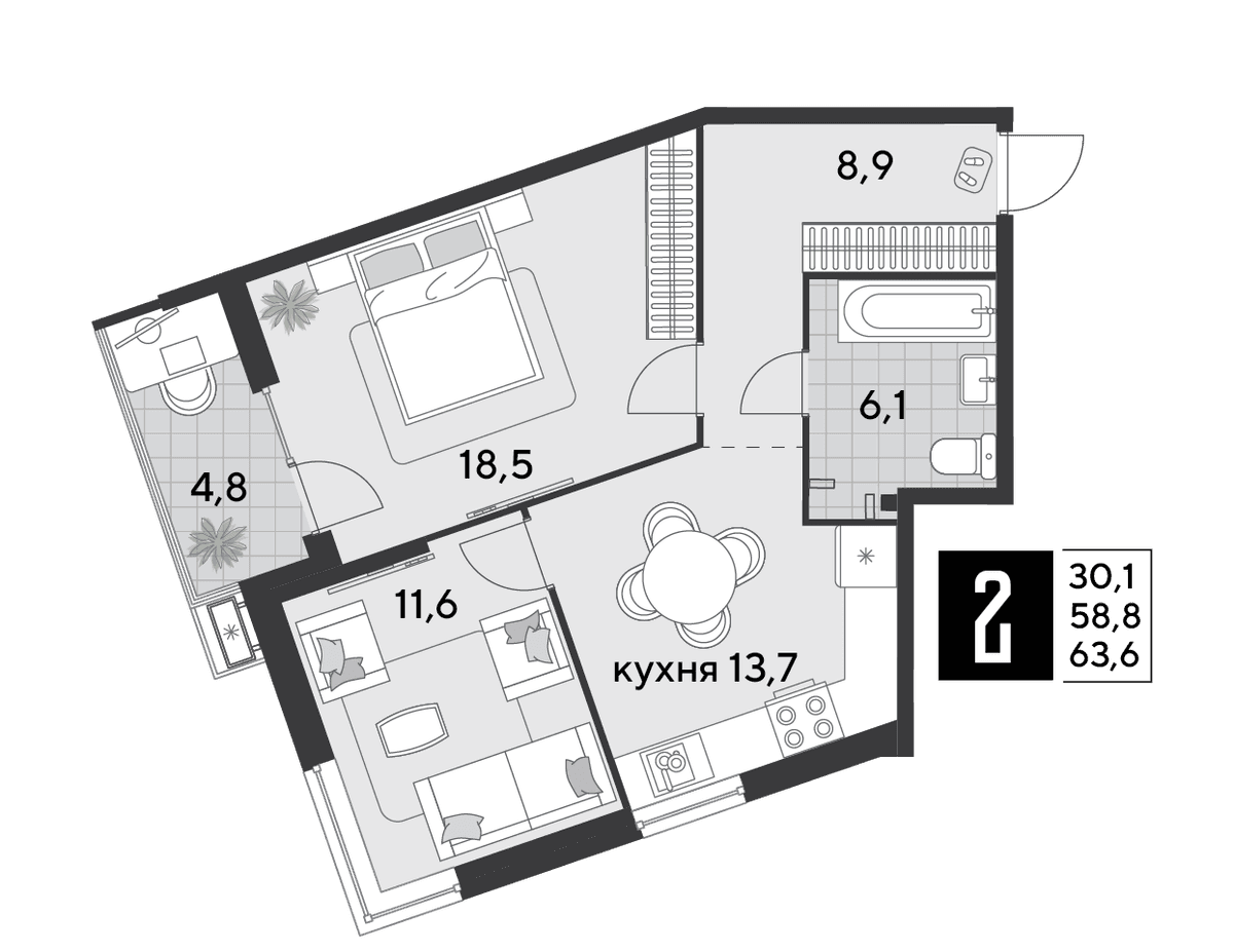 2-к, 63.6 м² · Парк Победы-2