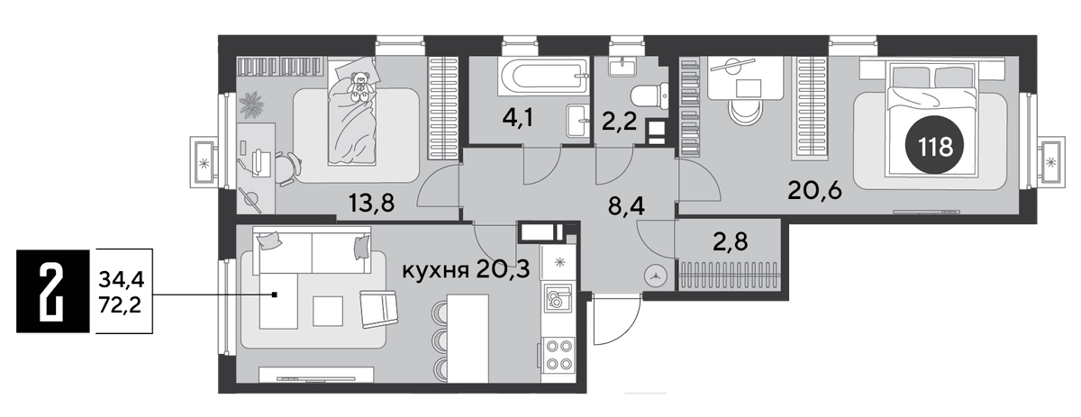 2-к, 72.2 м² · Парк Победы-2