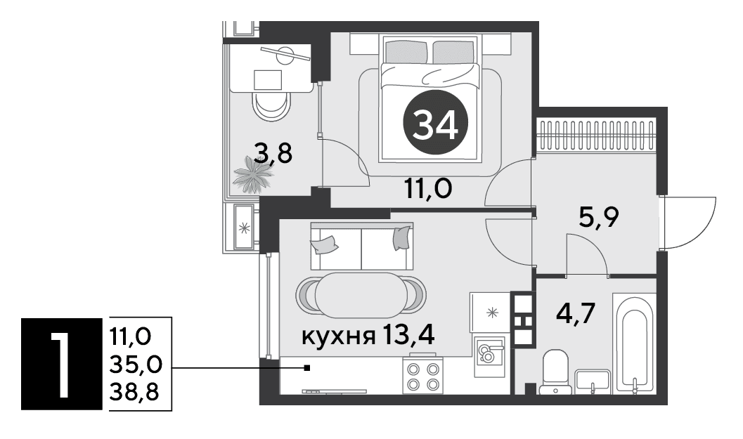 1-к, 38.8 м² · Парк Победы-2