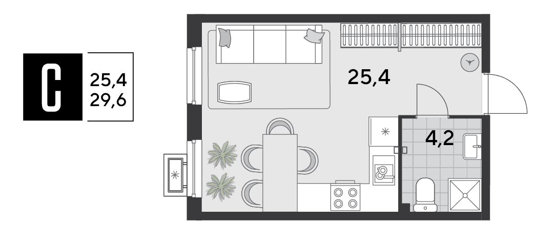 Студия, 29.6 м² · Парк Победы-2