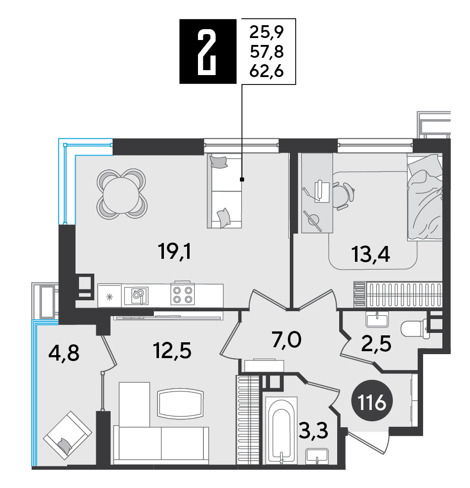 2-к, 62.6 м² · Парк Победы-2