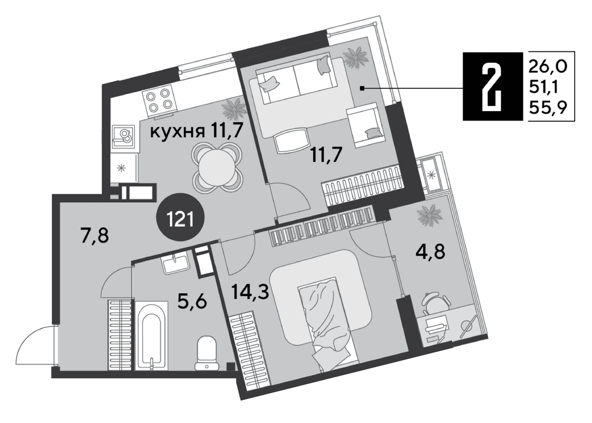 2-к, 55.9 м² · Парк Победы-2