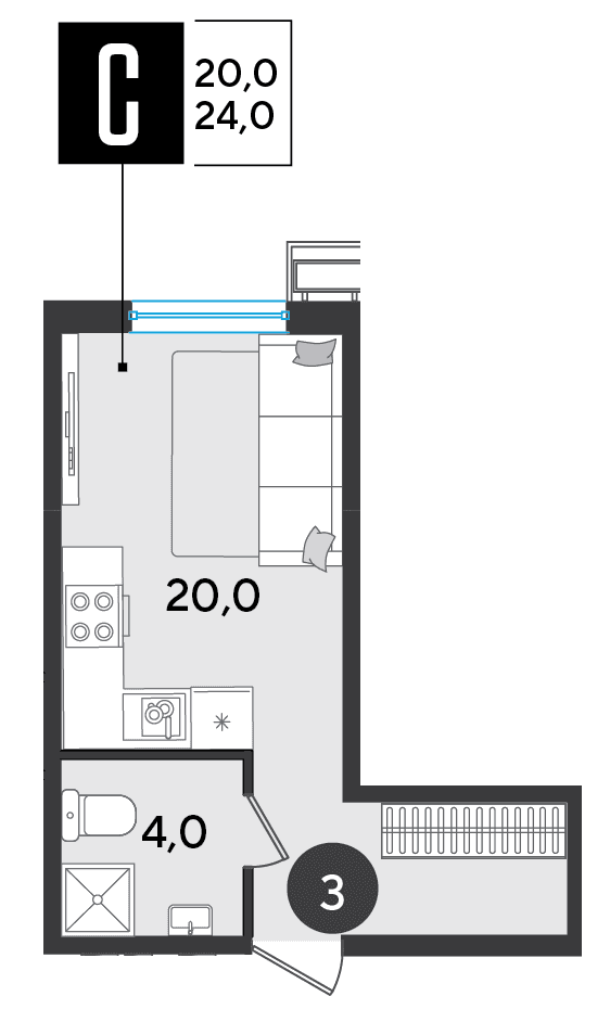 Студия, 24 м² · Парк Победы-2