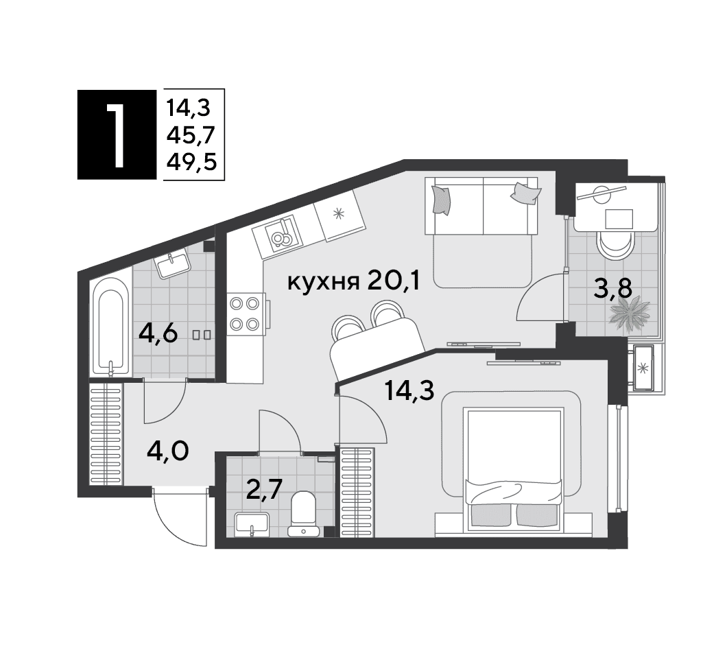 1-к, 49.5 м² · Парк Победы-2