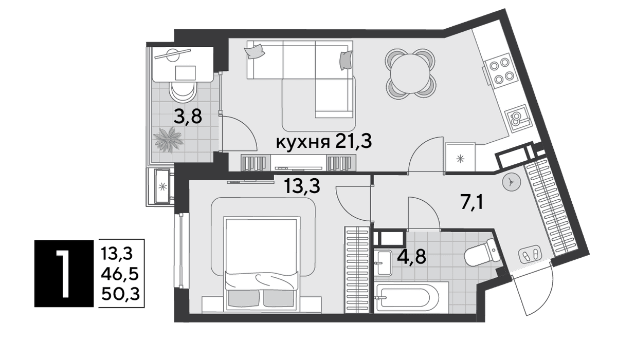 1-к, 50.3 м² · Парк Победы-2