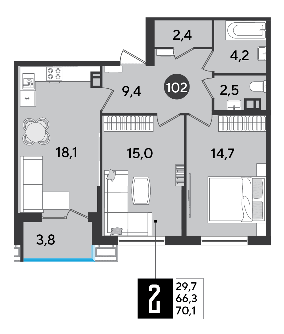 2-к, 70.1 м² · Парк Победы-2