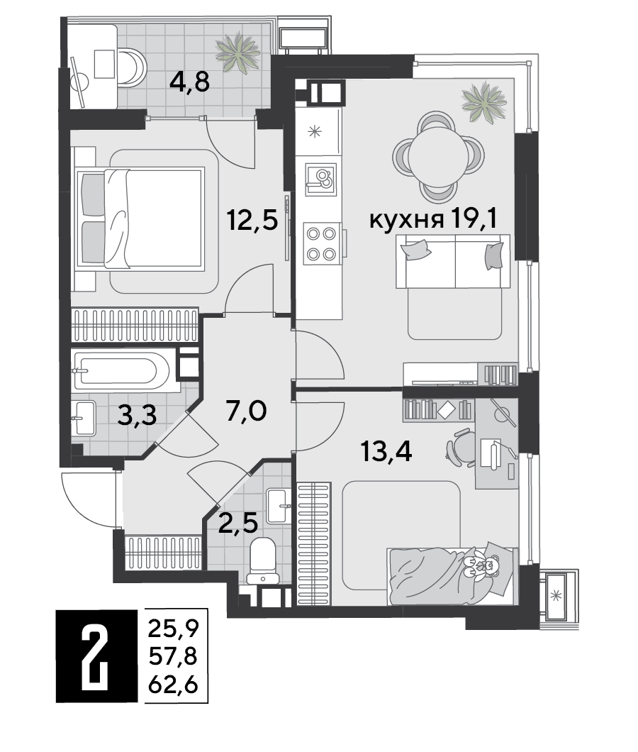 2-к, 62.2 м² · Парк Победы-2