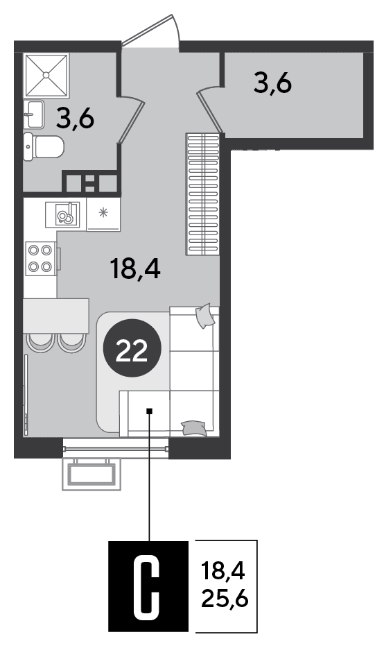 Студия, 25.6 м² · Парк Победы-2