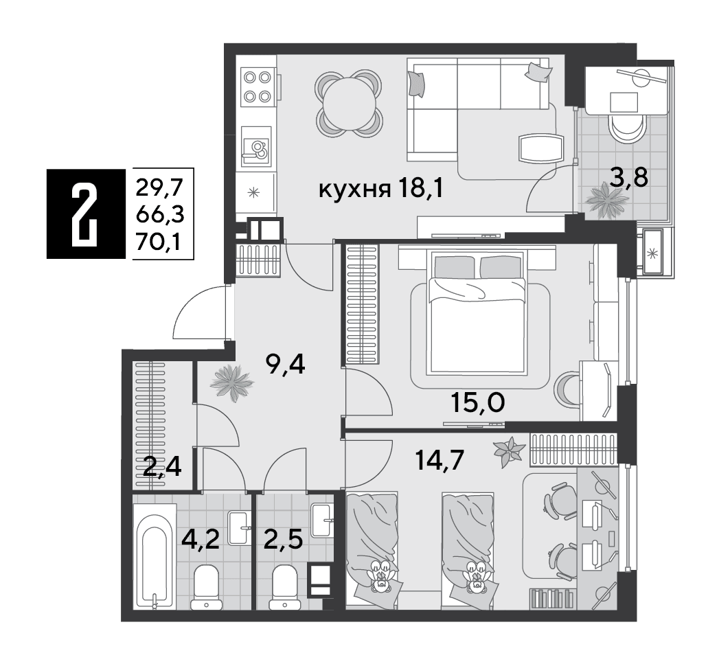 2-к, 70.1 м² · Парк Победы-2