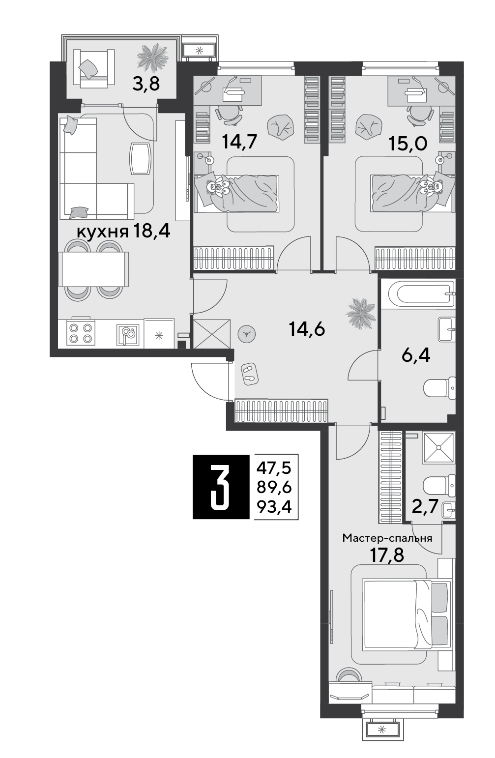 3-к, 93.4 м² · Парк Победы-2