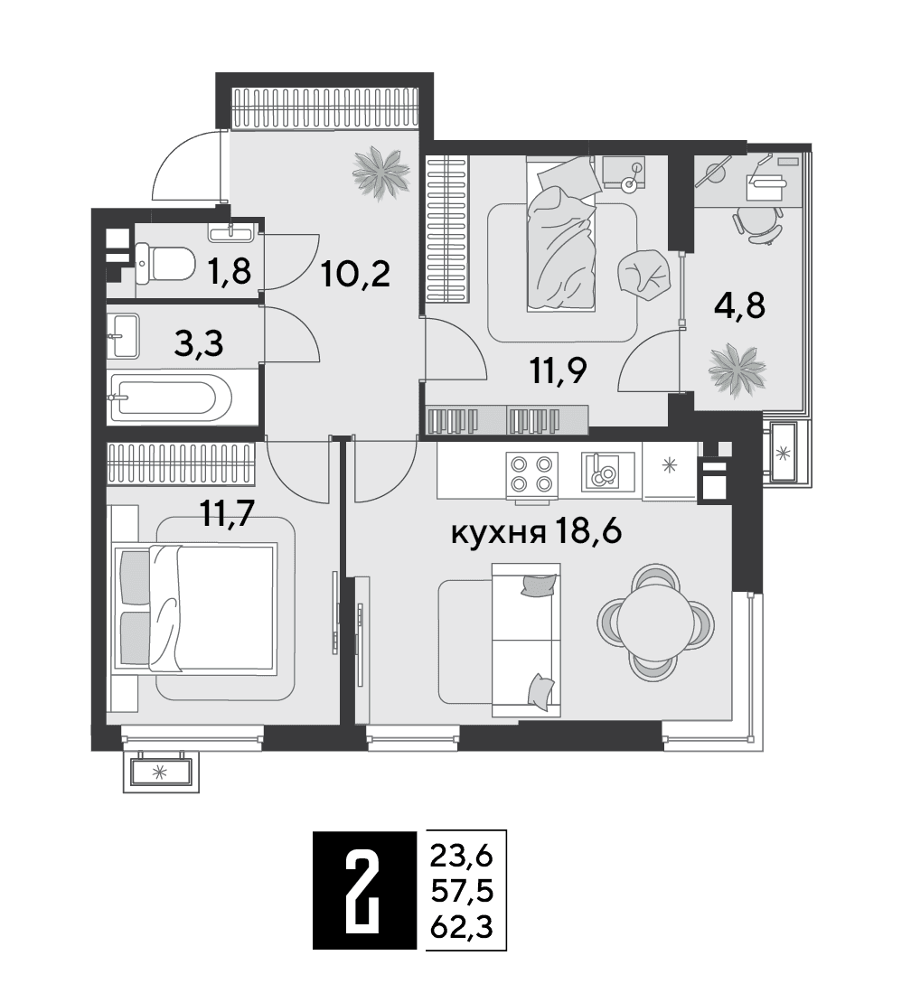 2-к, 62.3 м² · Парк Победы-2