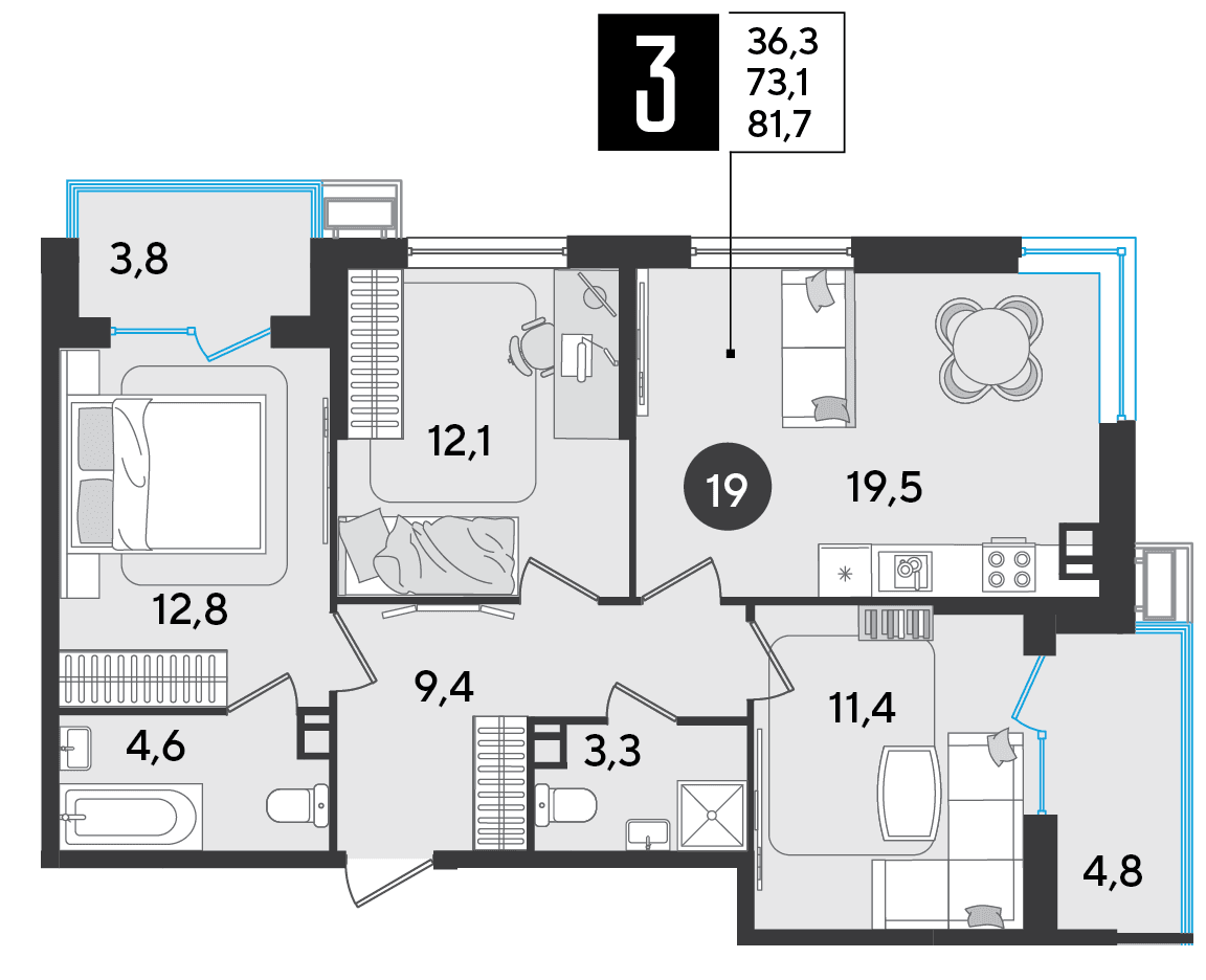 3-к, 81.7 м² · Парк Победы-2