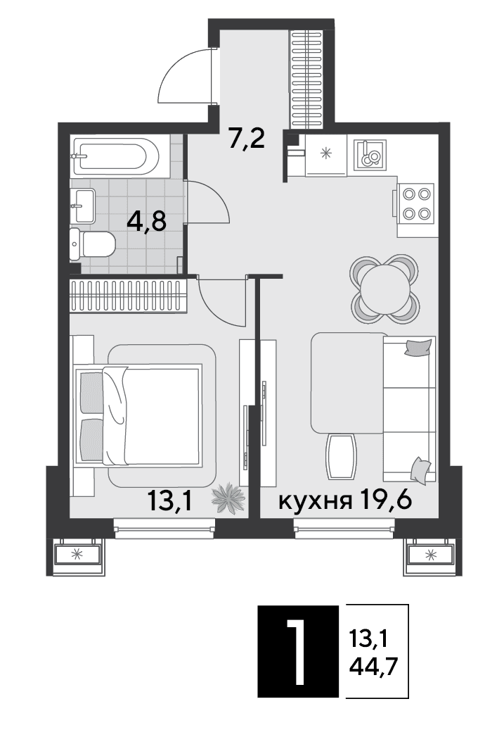 1-к, 44.7 м² · Парк Победы-2