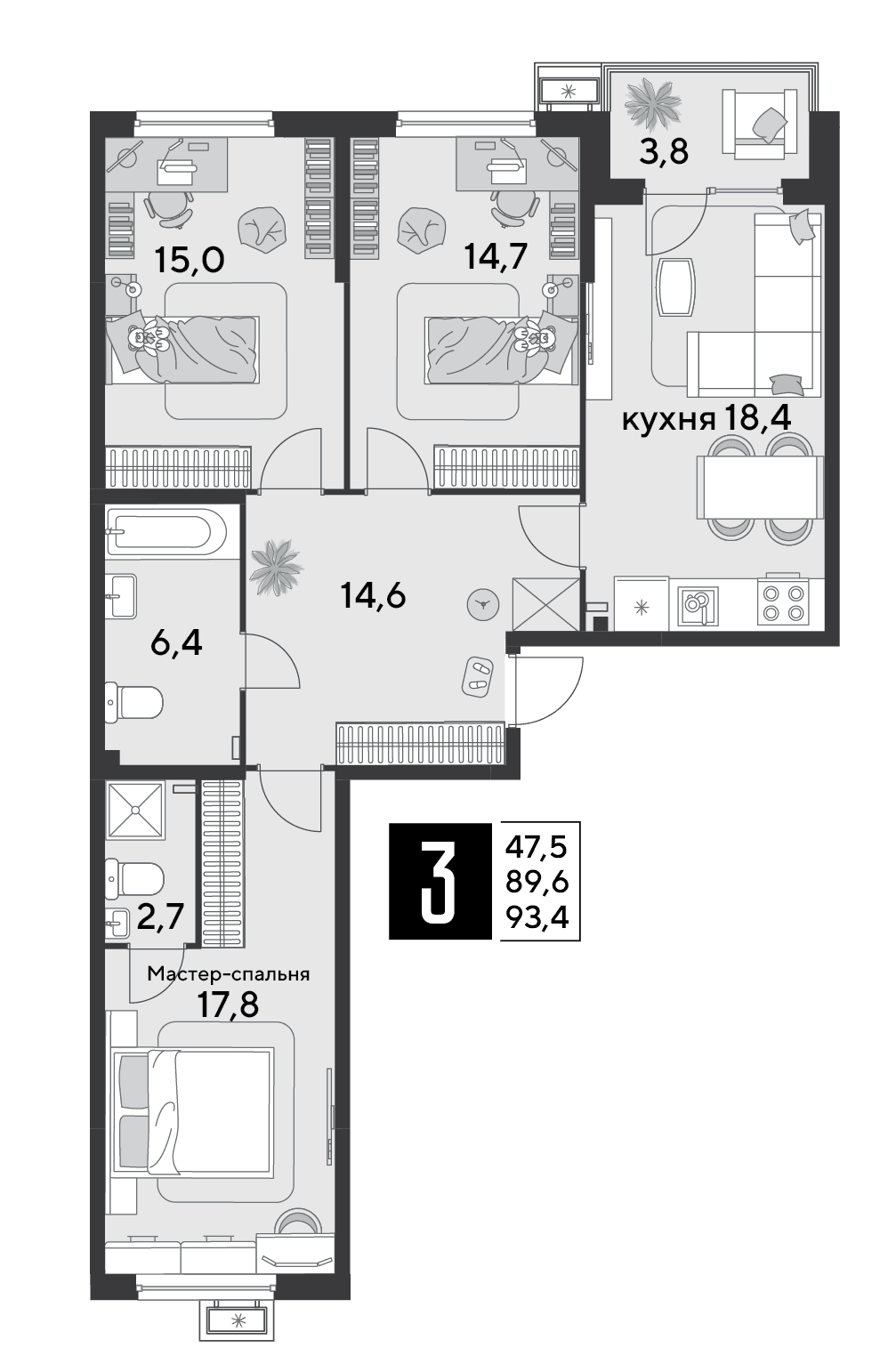 3-к, 93.4 м² · Парк Победы-2