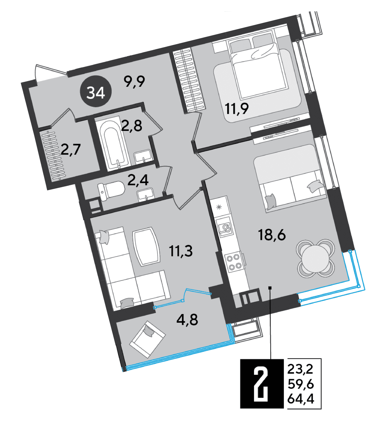 2-к, 64.4 м² · Парк Победы-2