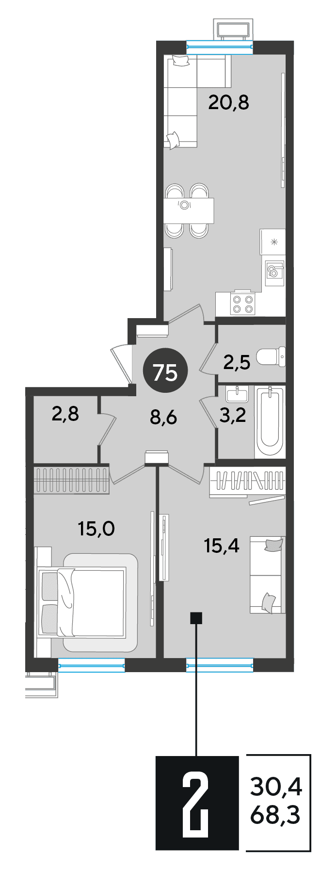 2-к, 68.3 м² · Парк Победы-2