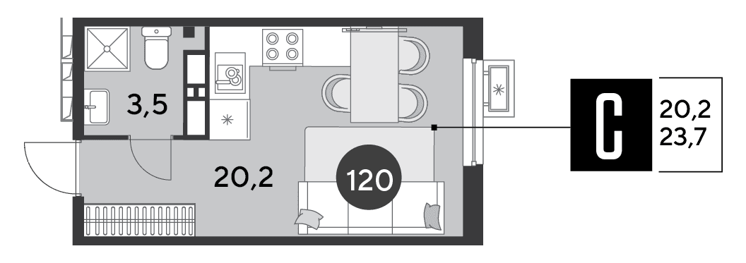Студия, 23.7 м² · Парк Победы-2