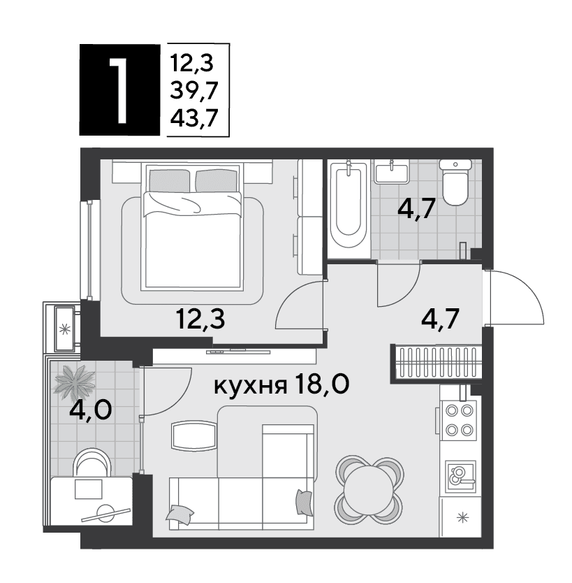1-к, 42.9 м² · Парк Победы-2