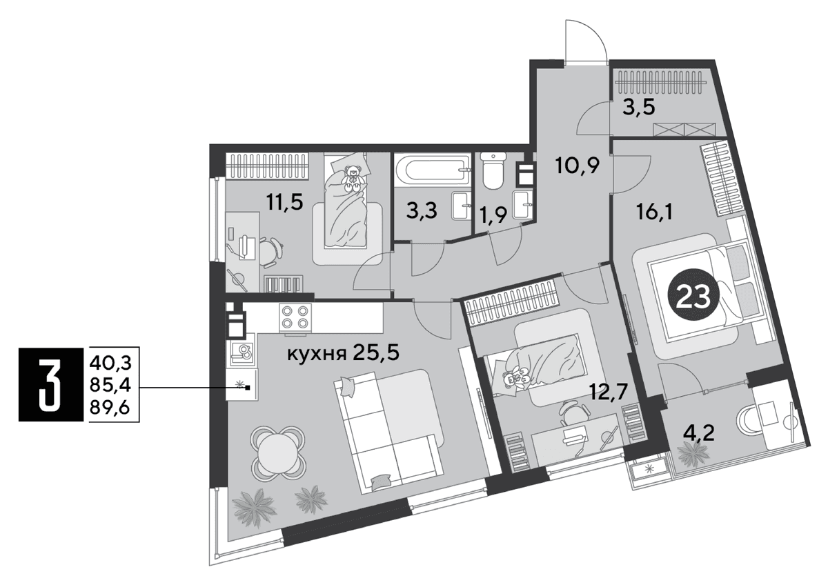 3-к, 89.6 м² · Парк Победы-2