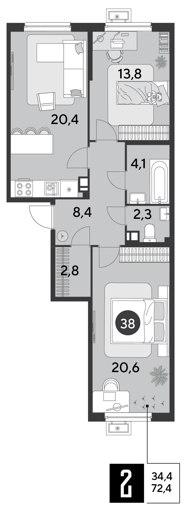 2-к, 72.4 м² · Парк Победы-2