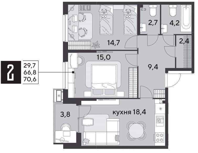 2-к, 70.9 м² · Парк Победы-2