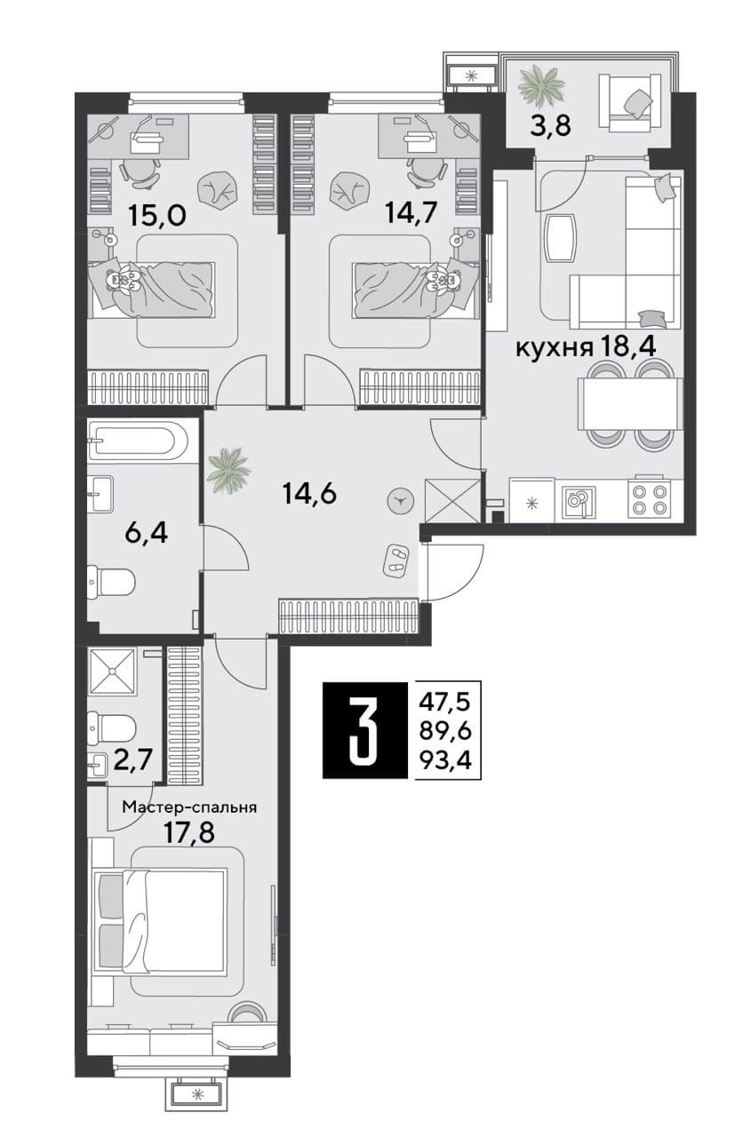 3-к, 93.4 м² · Парк Победы-2