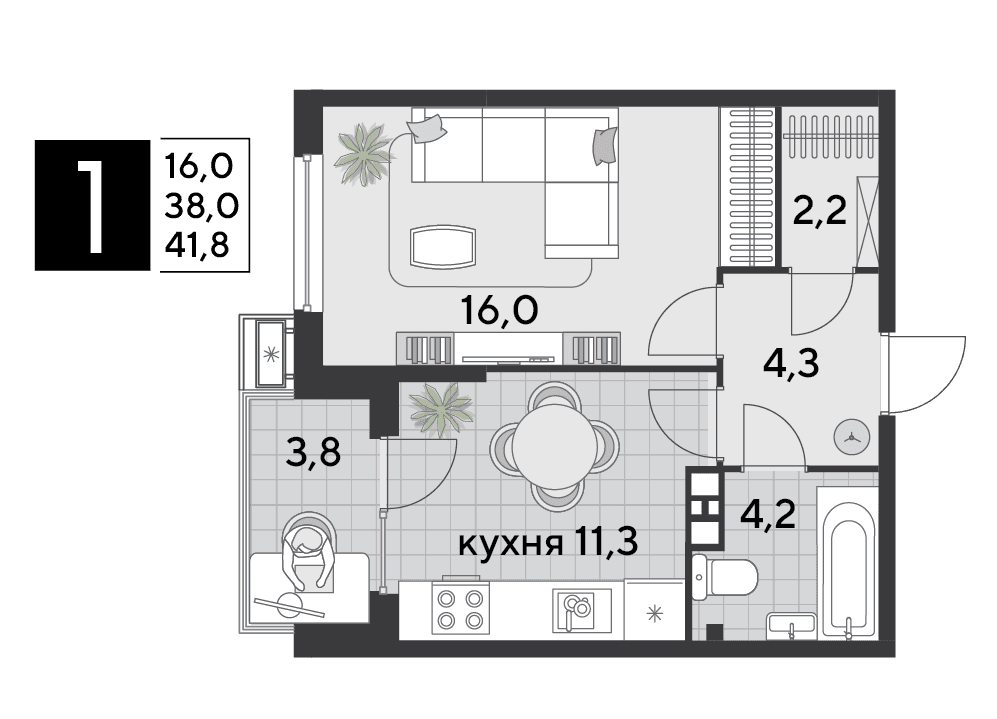 1-к, 41.8 м² · Парк Победы-2