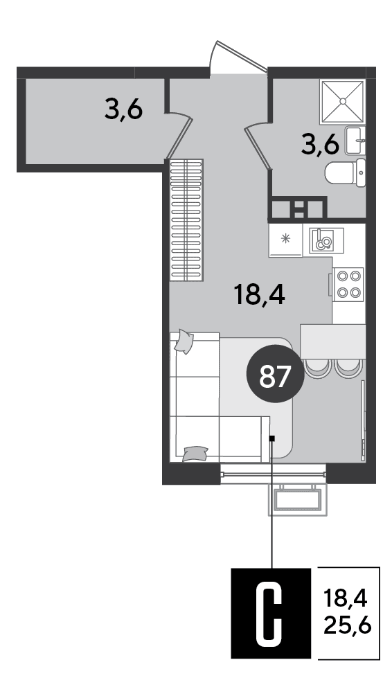 Студия, 25.6 м² · Парк Победы-2