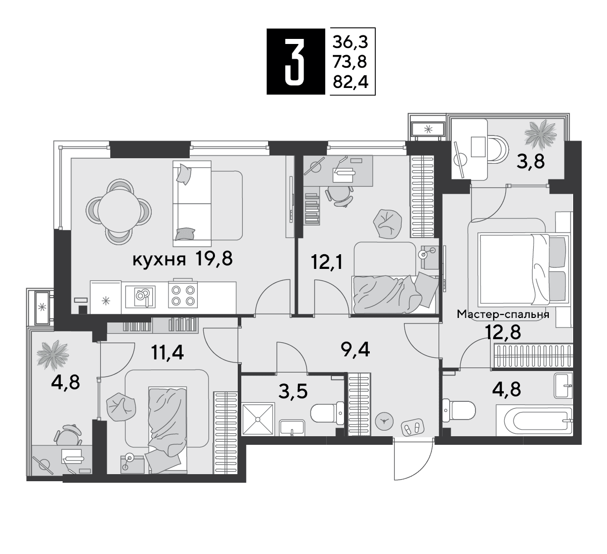3-к, 82.4 м² · Парк Победы-2