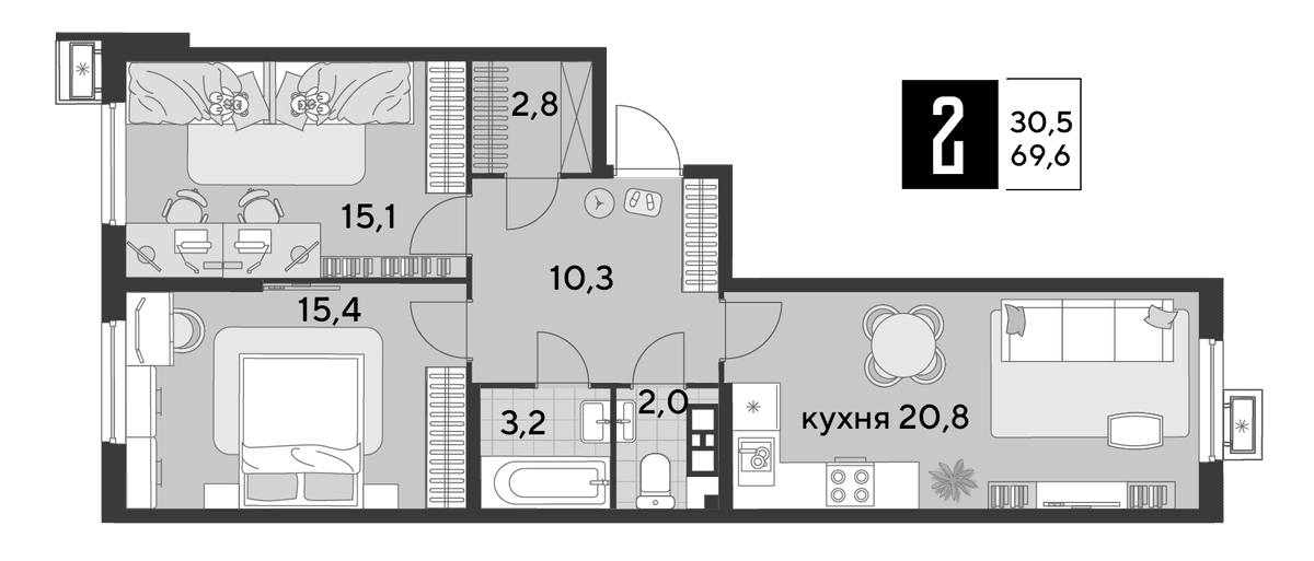 2-к, 69.6 м² · Парк Победы-2