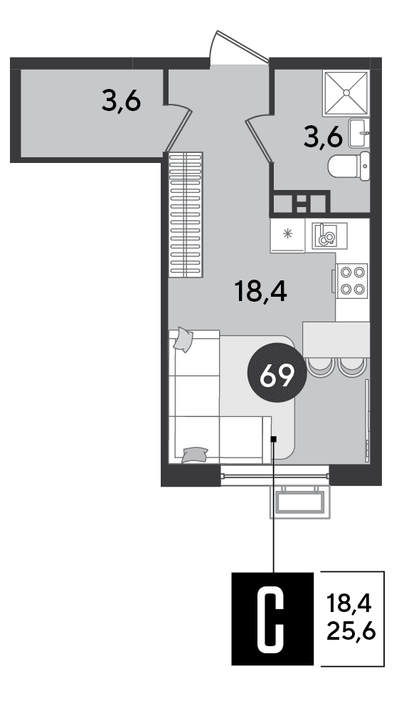 Студия, 25.6 м² · Парк Победы-2