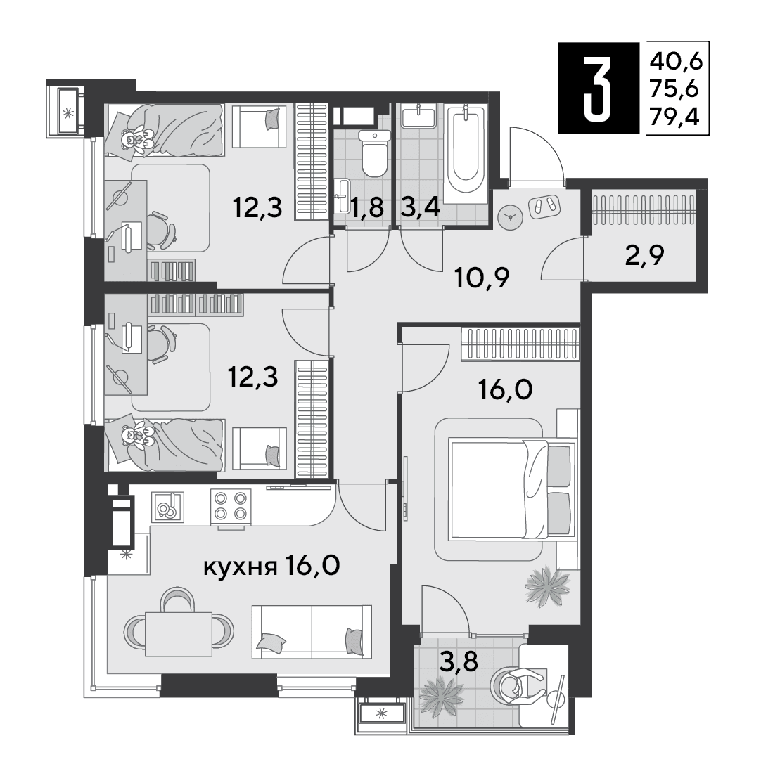3-к, 79.4 м² · Парк Победы-2