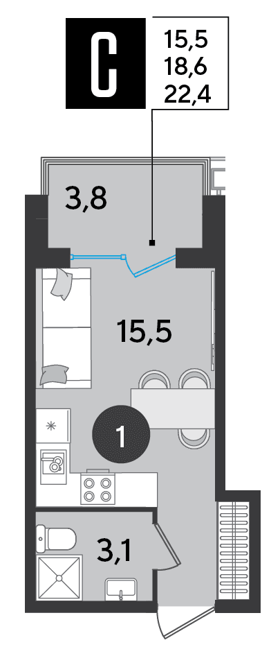 Студия, 22.4 м² · Парк Победы-2