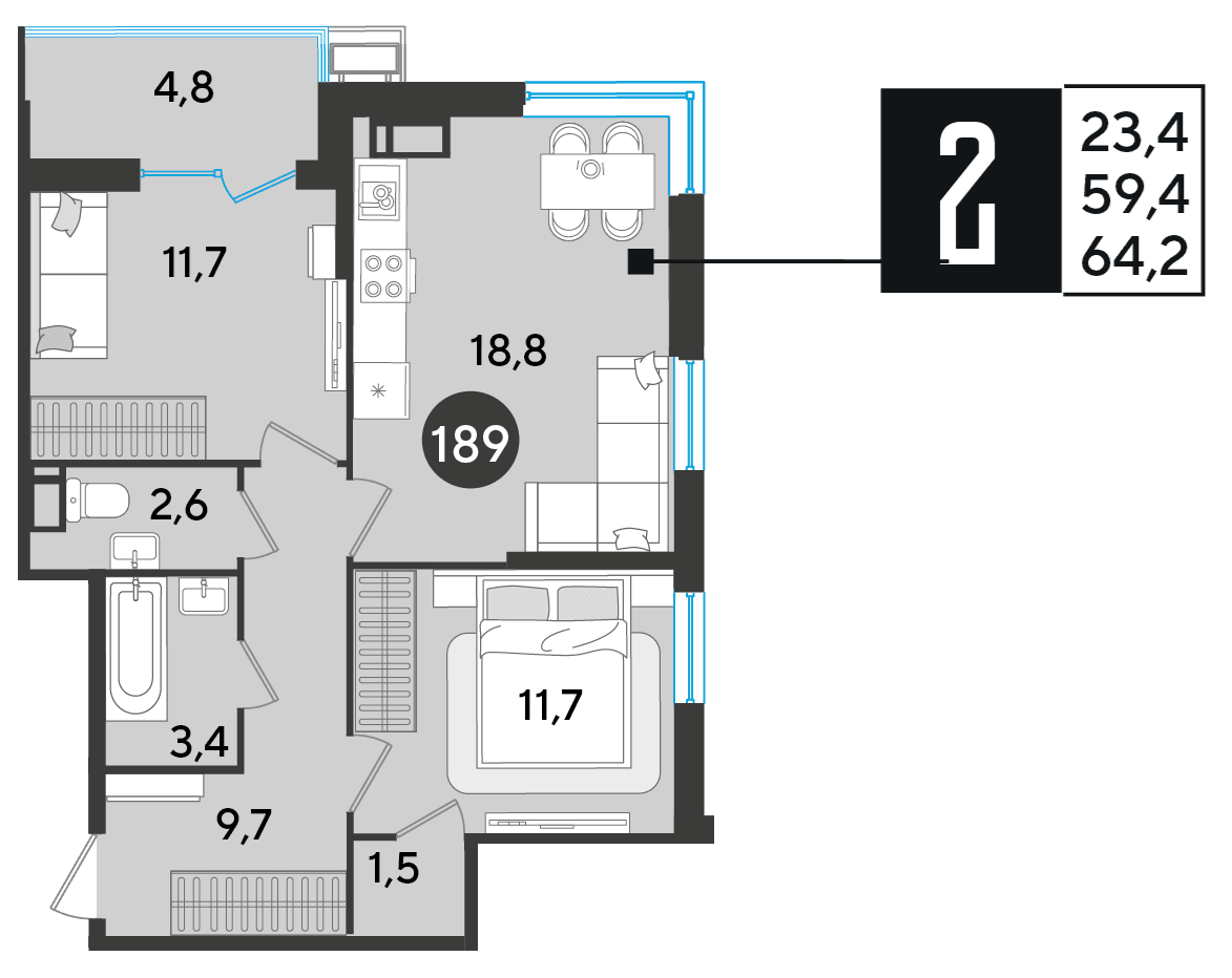 2-к, 64.2 м² · Парк Победы-2