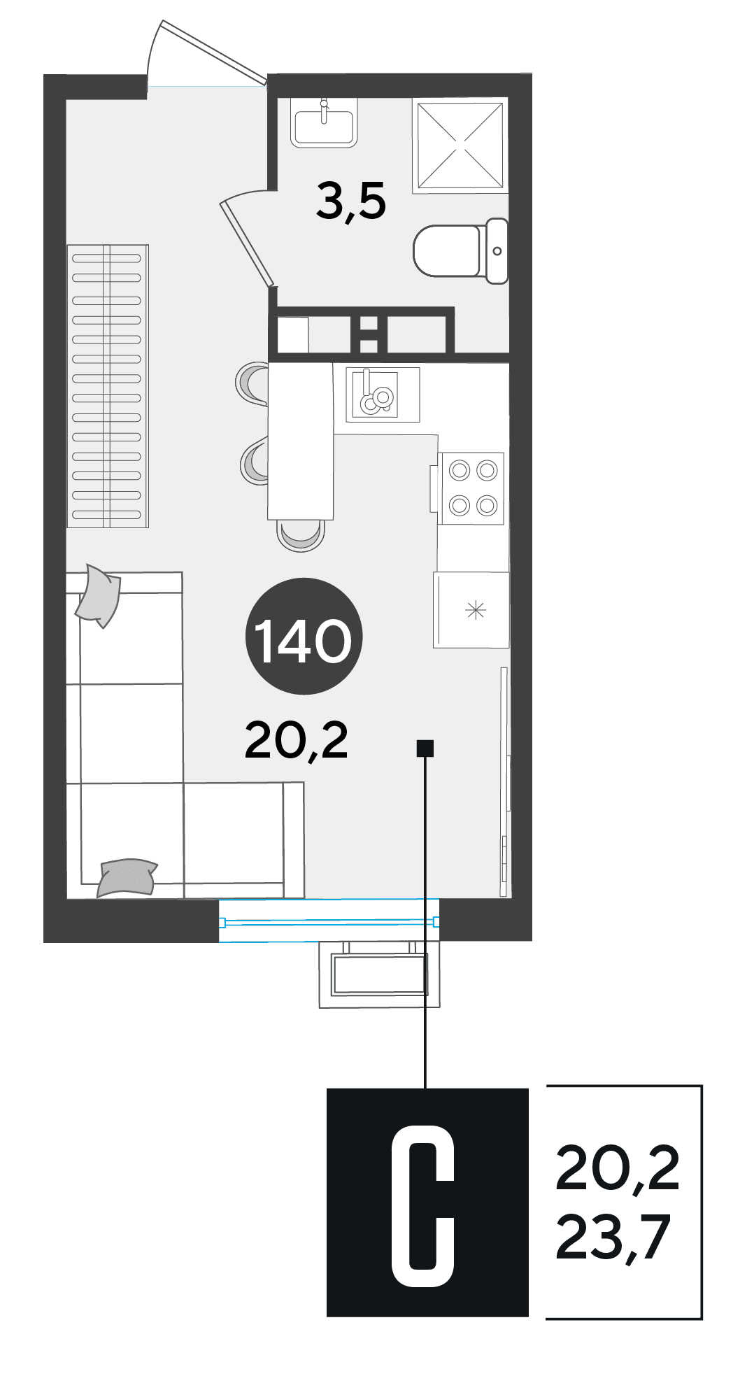 Студия, 23.7 м² · Парк Победы-2