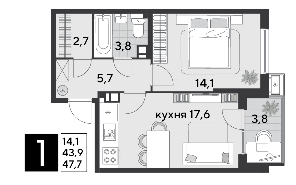 1-к, 47.7 м² · Парк Победы-2