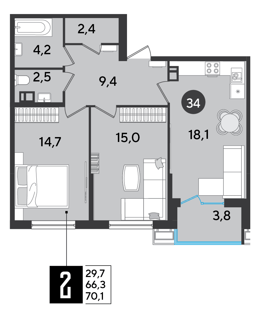 2-к, 70.1 м² · Парк Победы-2