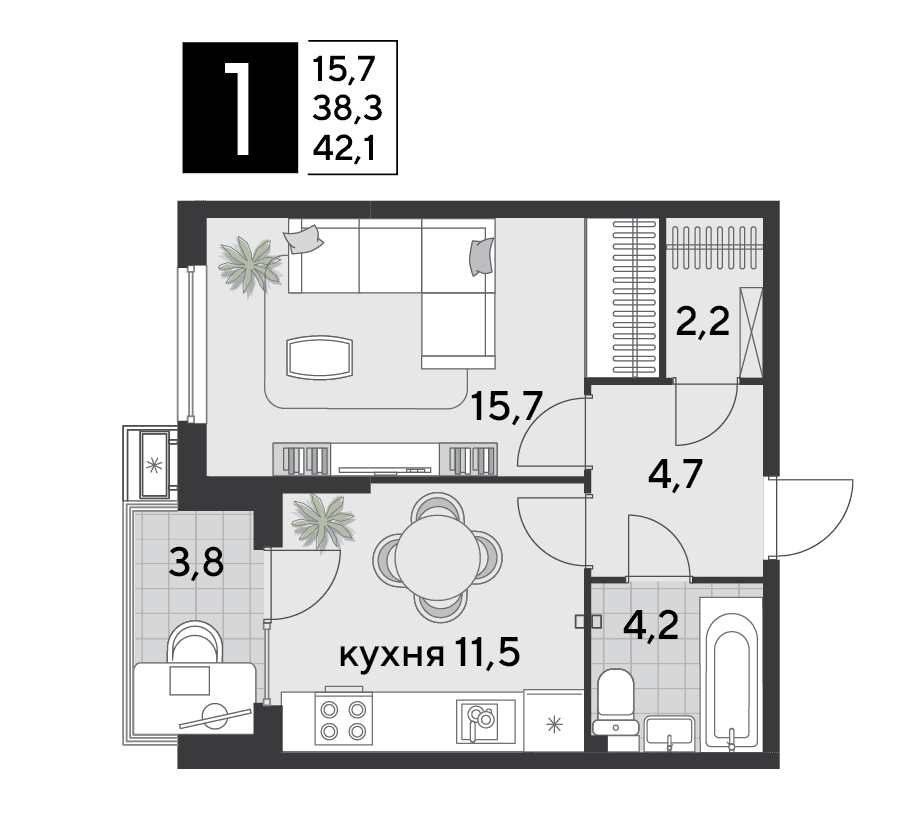 1-к, 42.1 м² · Парк Победы-2