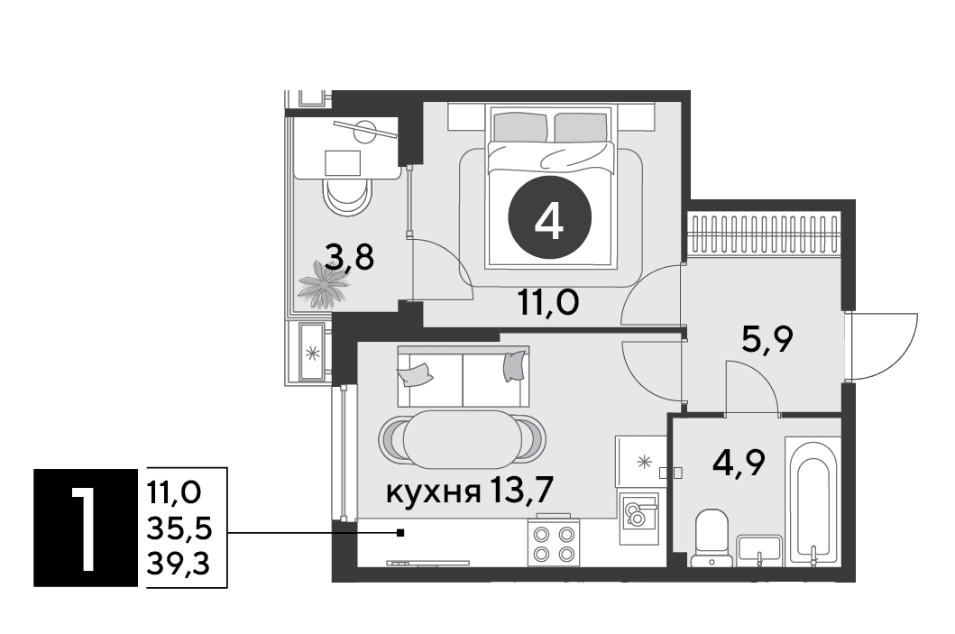 1-к, 39.3 м² · Парк Победы-2