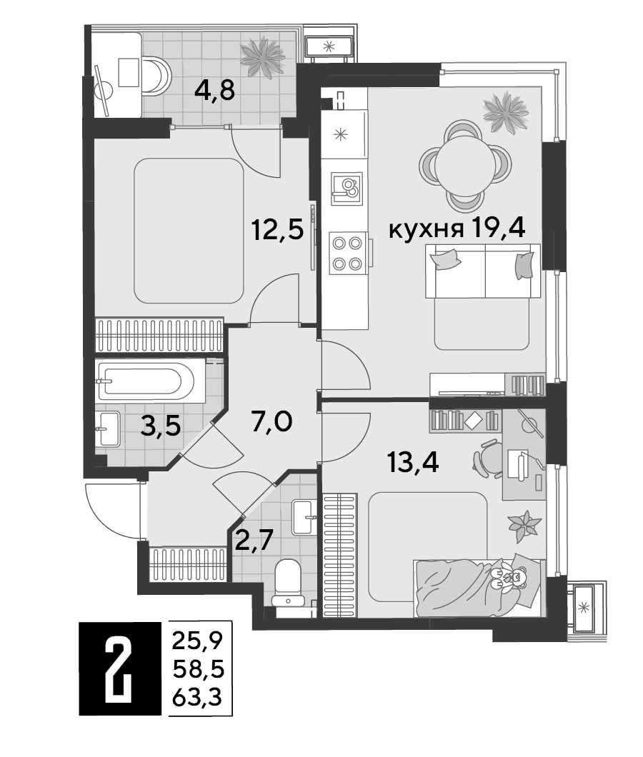 2-к, 62.8 м² · Парк Победы-2