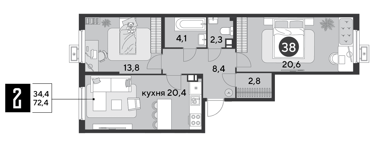 2-к, 72.4 м² · Парк Победы-2