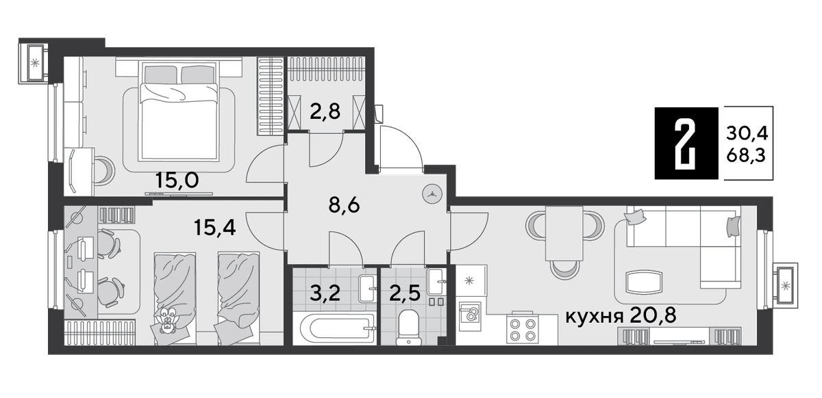 2-к, 67.9 м² · Парк Победы-2